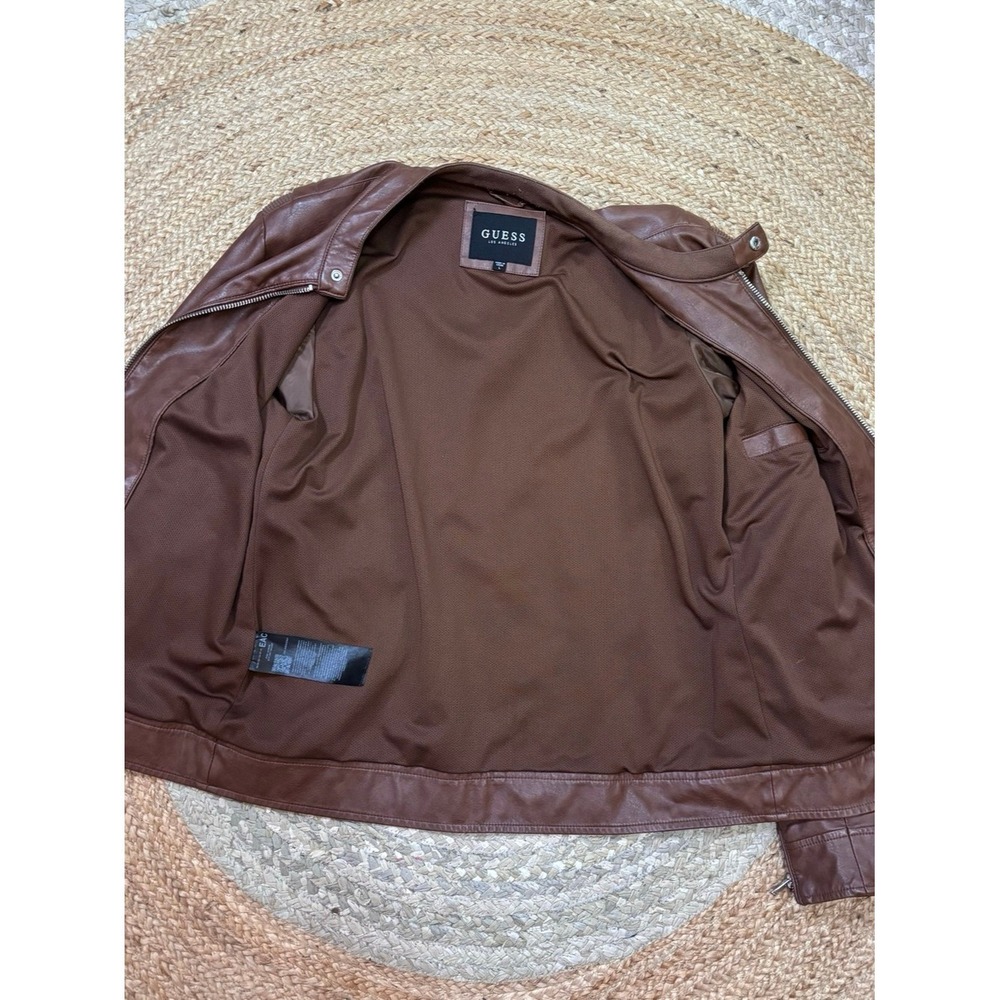 GUESS Brown Faux Leather Moto Jacket Mens Large Zip Front Snap Collar 119AU407 - Picture 9 of 9